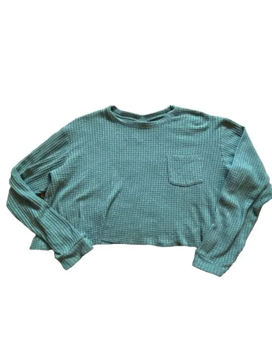 Wild Fable Womens Waffle Knit Cropped Long Sleeve Shirt-Green-M-GUC - Picture 1 of 4